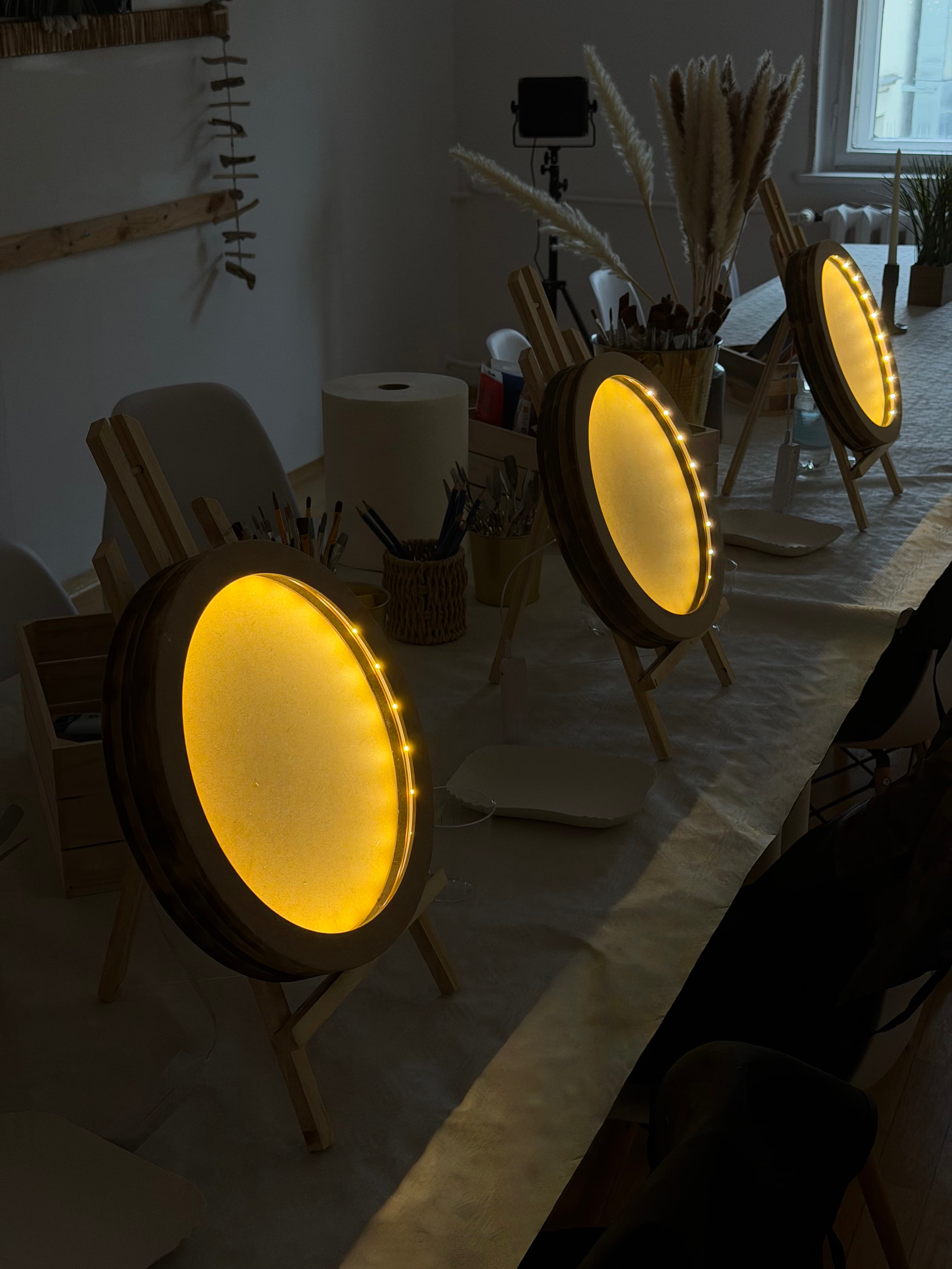 LED moon boards set up before the workshop begins