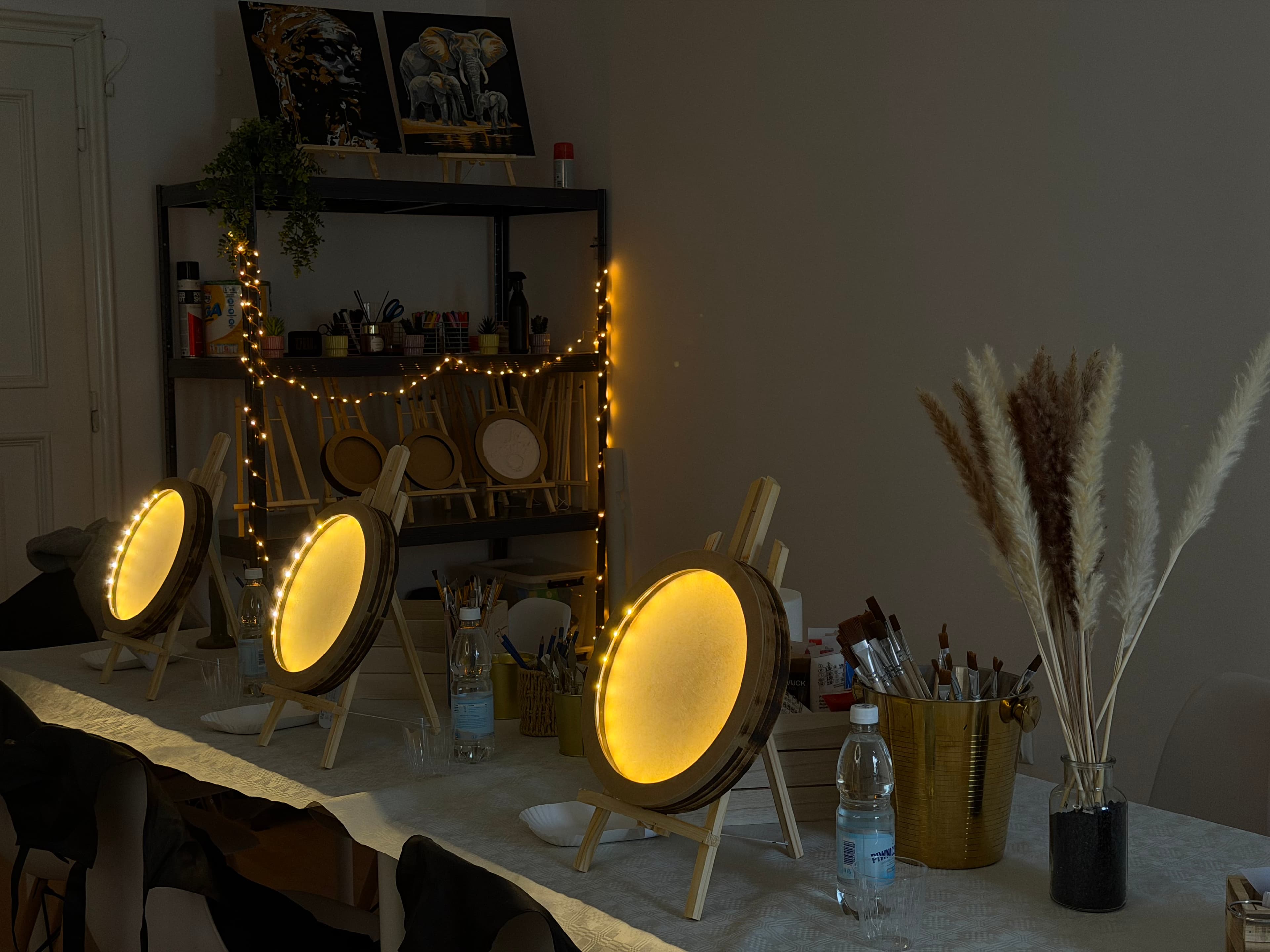 Moon workshop studio table with lit LED boards ready for guests